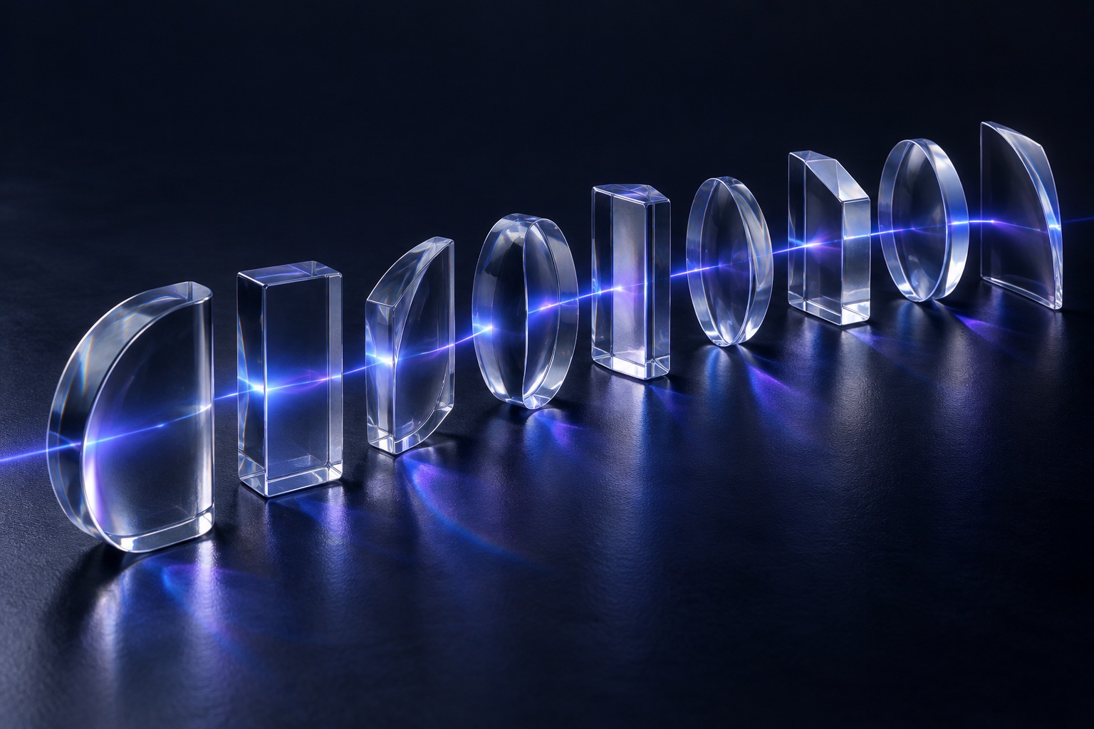 Glass forms linked by blue and violet light on a dark background, a conceptual illustration of connected intelligent systems.