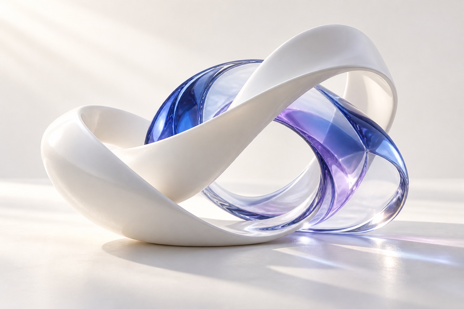 Interwoven white ceramic and blue-violet glass forms, a conceptual illustration of human–AI collaboration.