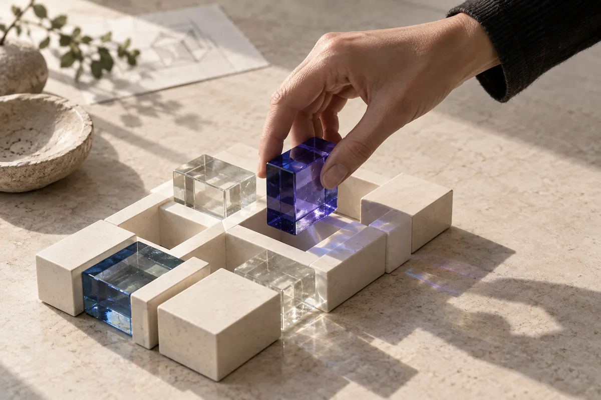 A hand positions a violet glass block within an ivory modular framework.