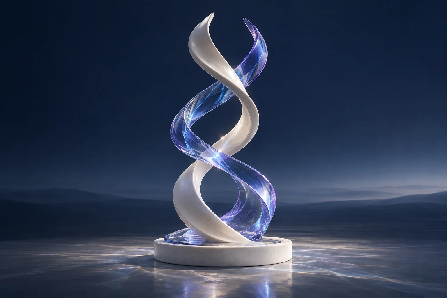 Distinct ceramic and violet glass ribbons rise together.