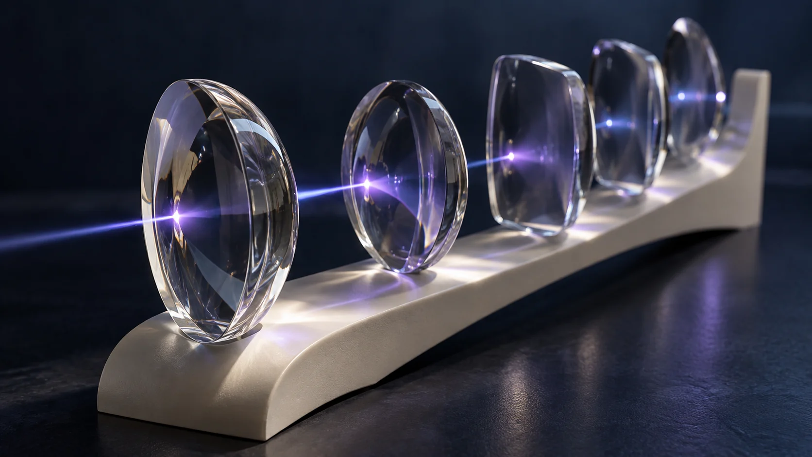 A sequence of glass lenses and an ivory support refracts a violet light path.