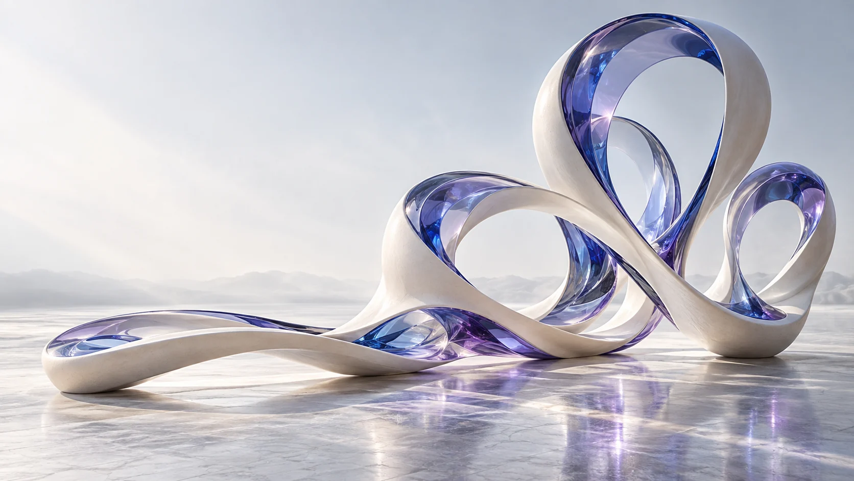 Interwoven ivory ceramic and violet glass rise together from a shared foundation.