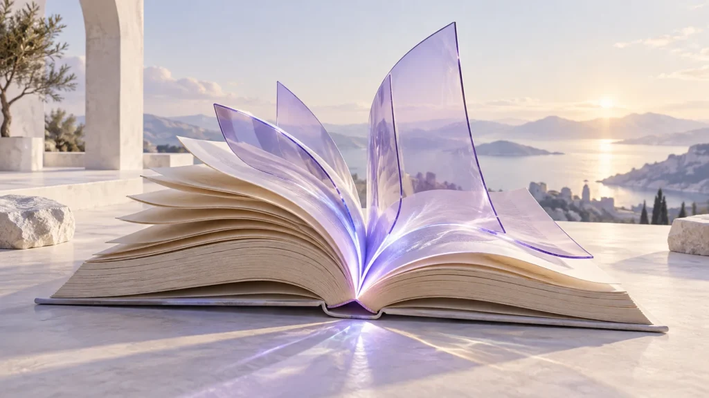 An open ivory book unfolds into translucent violet glass pages overlooking a sunlit horizon.