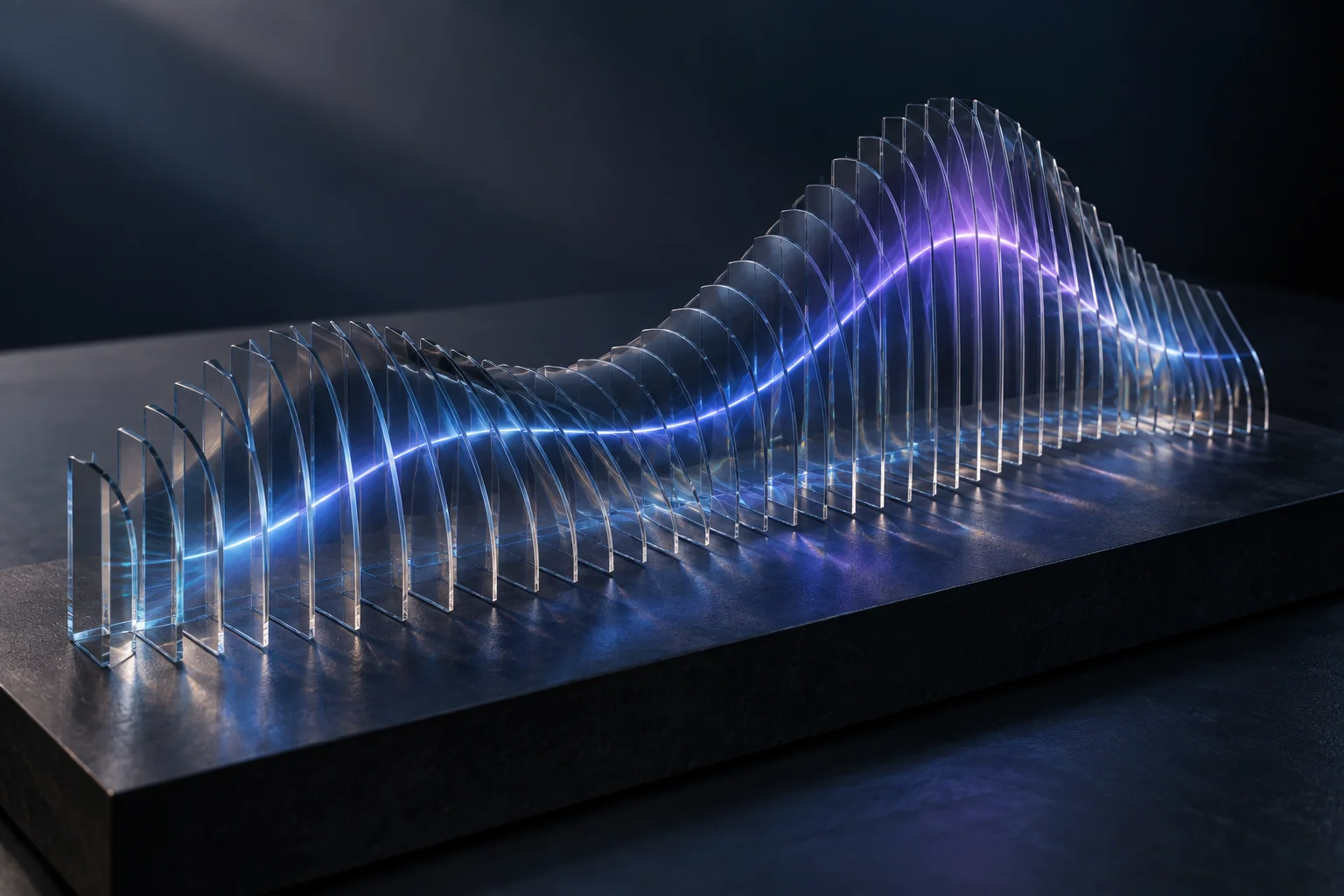 A flowing array of glass fins changes shape around a blue-violet light path, symbolizing adaptive systems.