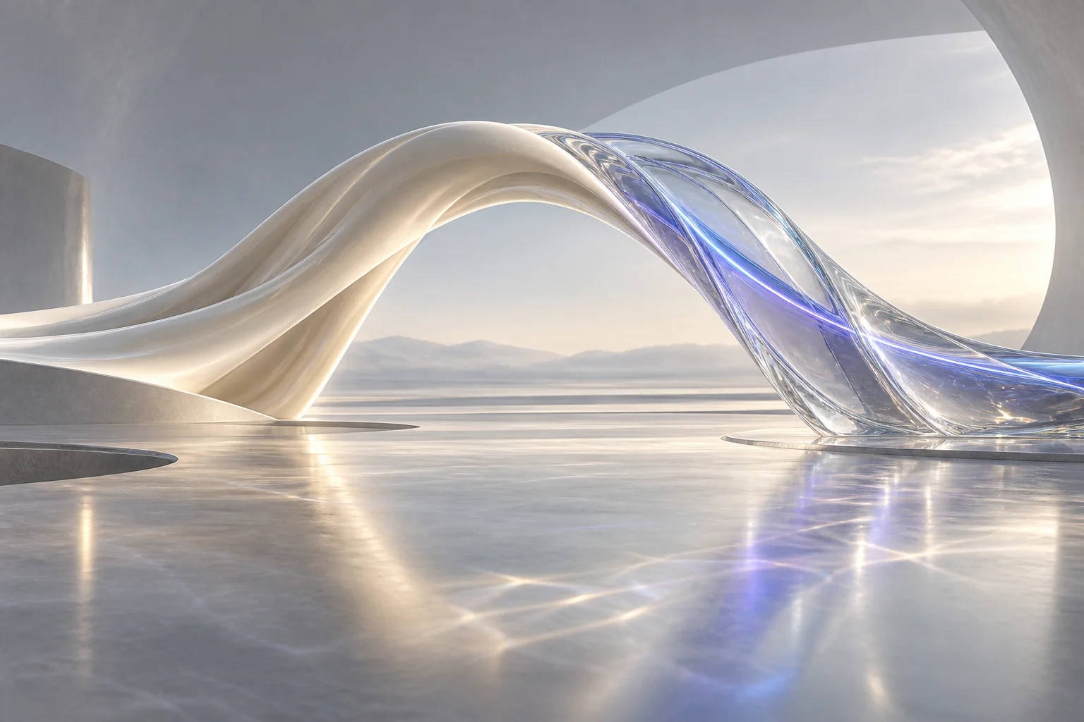 An ivory ceramic arc joins a luminous glass arc, symbolizing the bridge between human purpose and AI capability.