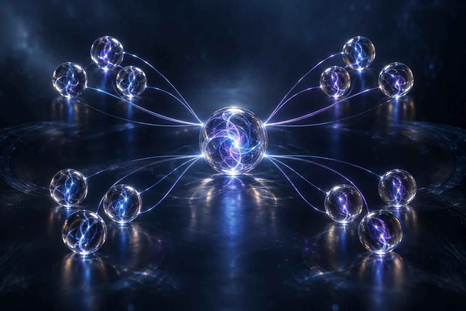 Optical glass cores connected by blue and violet light, symbolizing coordinated intelligent agents.