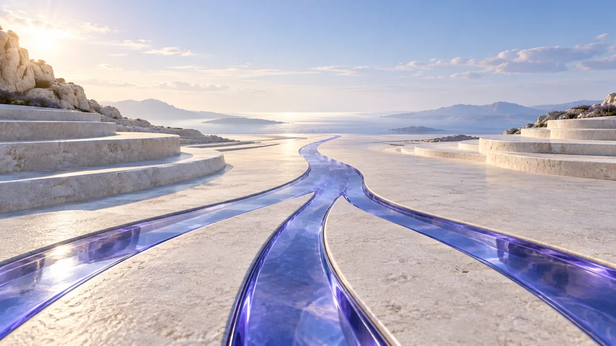 Three violet glass paths join across a pale sculptural landscape toward an open horizon.